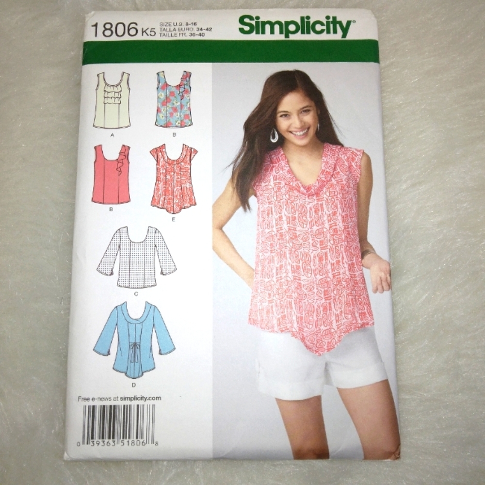SIMPLICITY 1806 Sz 8-16 Misses Pull-over tops in 6 variations